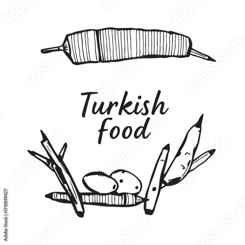 An elegant, timeless hand-drawn sketch forming a classic black and white vector silhouette of Turkish food, featuring rough lines and textured pencil strokes against a white backdrop.