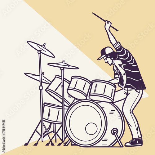 Energetic young drummer wearing a baseball cap and stylish jacket plays a drum set with enthusiasm and passion on a minimalist background