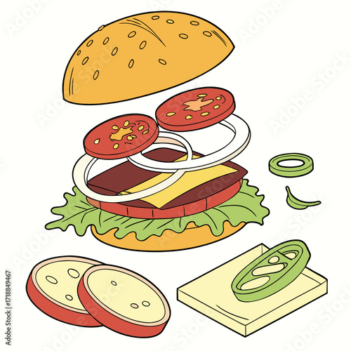 Exploded view illustration of a delicious cheeseburger with all its ingredients separated and floating in the air against a white background