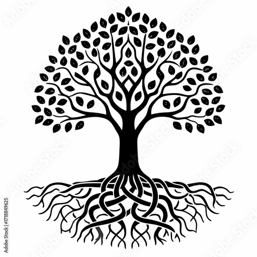 Intricate black silhouette of a stylized tree of life with detailed branches leaves and interwoven roots against a clean white background