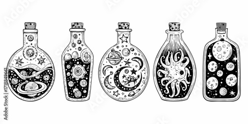 Whimsical hand drawn collection of five glass bottles filled with celestial cosmic scenes and planets