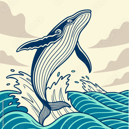 Majestic blue whale leaping out of turquoise ocean waves under a creamy sky with subtle clouds in a stylized illustration