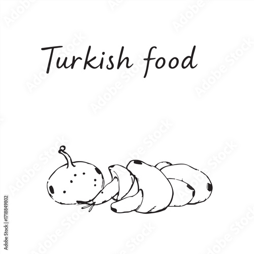 Classic black and white vector silhouette of Turkish food, a hand-drawn sketch with rough lines and textured pencil strokes on a white background, exuding timeless elegance.