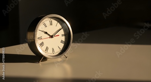 Wallpaper Mural A classic metallic alarm clock with elegant Roman numerals sits on a desk, beautifully illuminated by warm golden hour light. Torontodigital.ca