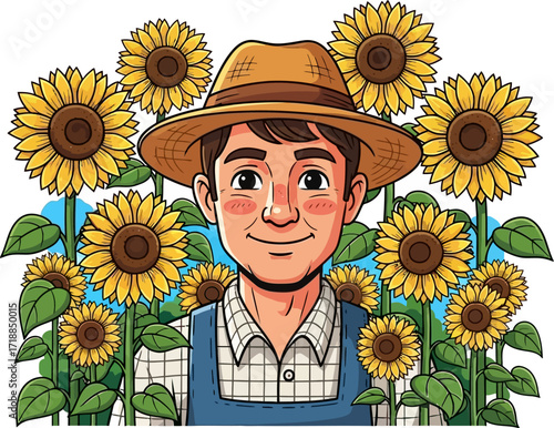 sunflowers happy farmer a joyful summer harvest cartoon, isolated on transparent background
