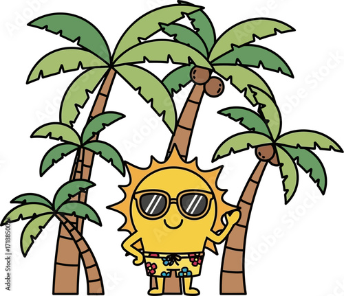 sunny tropical vacation a cool sun characters beach day fun, isolated on transparent background