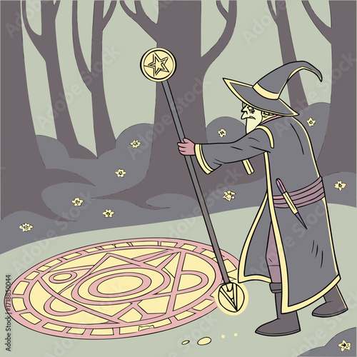 Mysterious wizard in a dark forest conjures a magical glowing circle on the ground with his enchanted staff