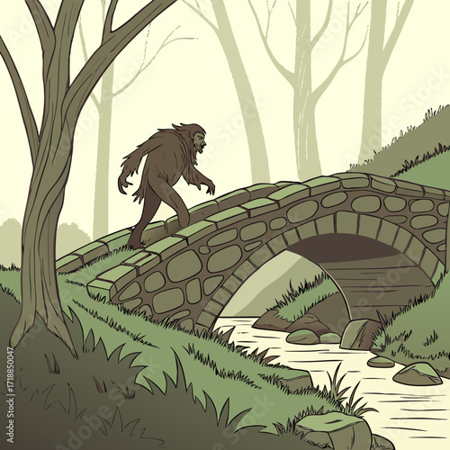 Mysterious bigfoot creature walks across an old stone bridge over a gentle stream in a misty forest landscape illustration