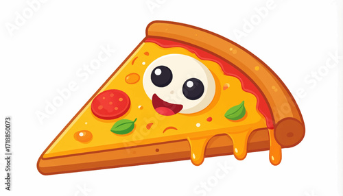 A delightful cartoon illustration of a happy pizza slice character with big eyes and melting cheese. A joyful fast food mascot concept