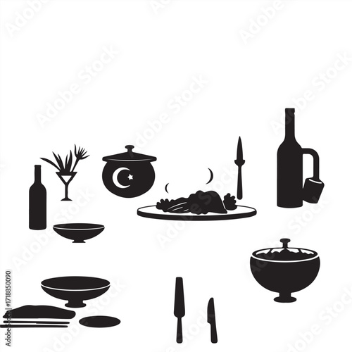 Futuristic sci-fi vector silhouette of Turkish food on a white background, classic black and white, timeless elegance, advanced technology, cosmic elements.