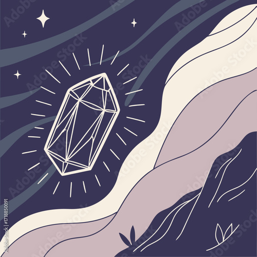 Mystical diamond crystal illuminating a dreamy celestial landscape with softly flowing waves and delicate starry night sky accents