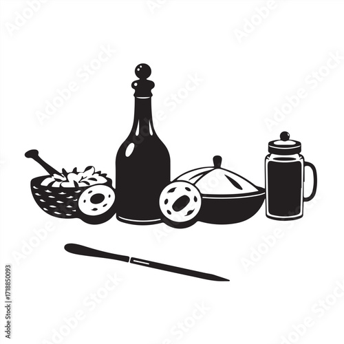 Isekai anime style illustration, classic black and white vector silhouette of Turkish food, elegant, expressive composition on a clean white background 
