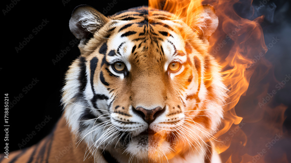 Fototapeta premium fierce tiger portrait with intense fire flame effect powerful wildlife predator concept symbol of strength wild animal fantasy surreal fiery background majestic art photo
