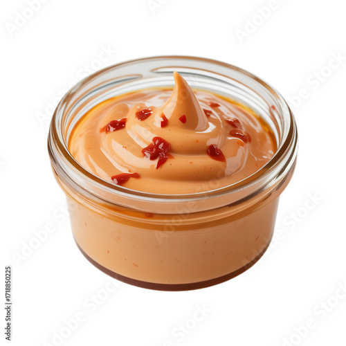 Spicy sriracha mayo dipping sauce in a small glass jar with chili flakes, condiment style, transparent PNG