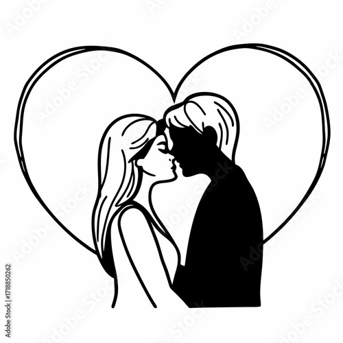 Romantic couple sharing a tender kiss against a large stylized heart outline symbolizing love and affection in a simple black and white illustration