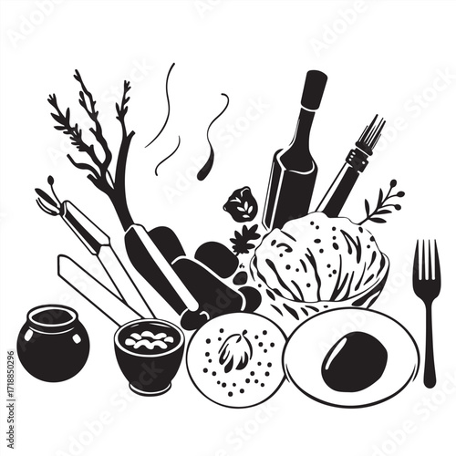 Isekai anime style illustration, classic black and white vector silhouette of Turkish food, elegant, expressive composition on a clean white background