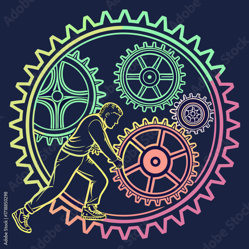 Silhouette of a determined person pushing a large gear symbolizing effort progress and the interconnectedness of a complex system with colorful gradient gears