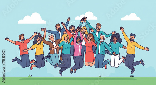 Diverse group of joyful people leaping together in celebration, arms raised high against a bright sky.