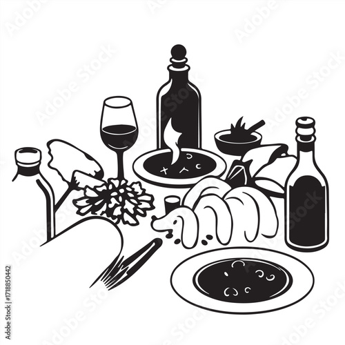 Isekai anime style illustration, classic black and white vector silhouette of Turkish food, elegant, expressive composition on a clean white background 