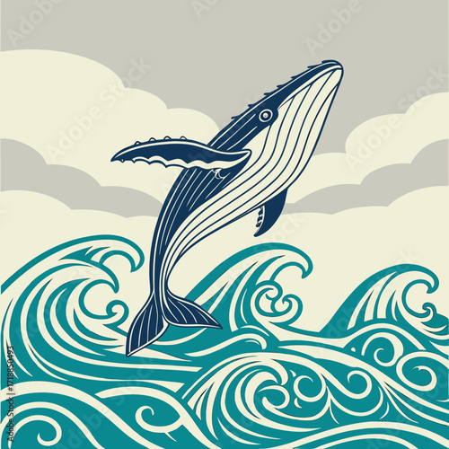 Stylized dark blue humpback whale breaching majestically above turquoise ocean waves under a cloudy sky in a retro art style