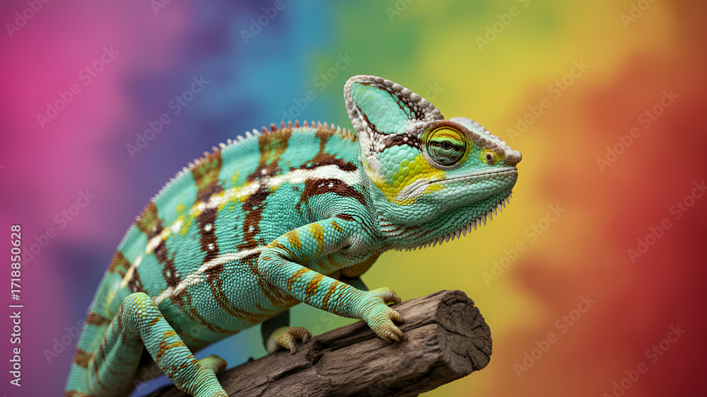 Obraz premium colorful chameleon reptile on rainbow background vibrant exotic lizard animal camouflage creature concept surreal fantasy wildlife nature art colorful pattern rainbow theme