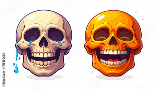 Stylized graphic illustration featuring two contrasting skulls, one golden and laughing, the other crying, embodying the duality of human joy and sorrow