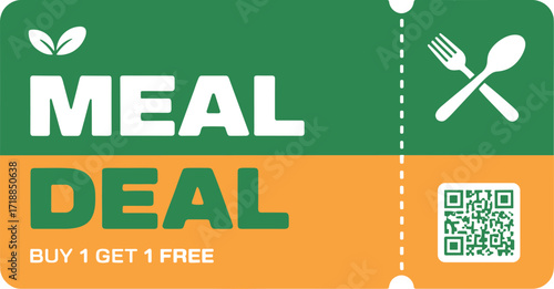 Flat style meal deal food voucher with qr code and cutlery icons for promotions