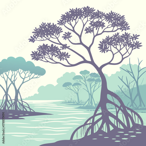 Stylized illustration of a serene mangrove forest with intricate root systems and lush foliage reflected in calm water under a soft sky