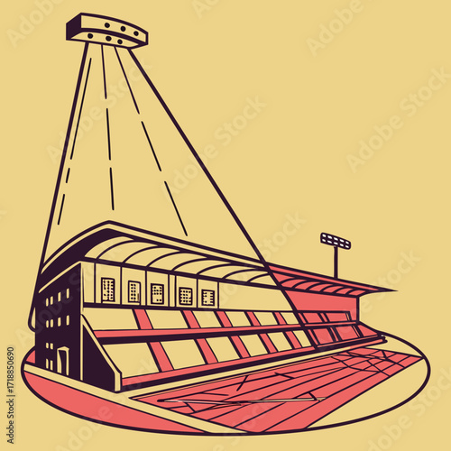 Stylized illustration of a stadium with running tracks and floodlights illuminating the arena creating a vibrant and energetic atmosphere for sports events