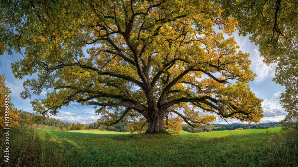 Naklejka premium A Stately Ancient Oak Tree in its Full Fall Beauty