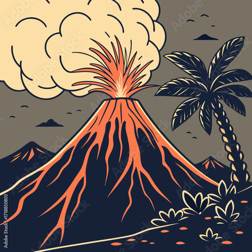 Stylized illustration of a vibrant volcano erupting with fiery lava flowing down its slopes under a smoky sky with a palm tree and distant mountains
