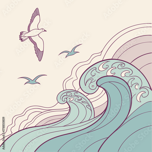 Stylized illustration of dynamic ocean waves in pastel teal and purple hues with seagulls soaring gracefully in a serene sky
