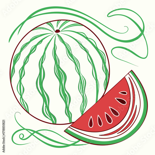 Stylized illustration of a whole watermelon and a slice with decorative green swirls on a cream background evoking summer freshness and vibrant fruit