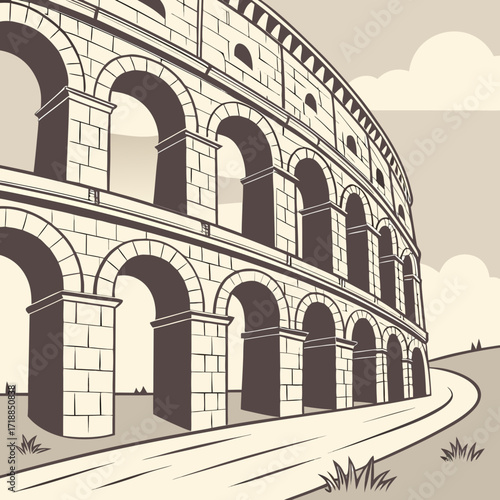 Stylized illustration of the ancient roman colosseum with its iconic arches and stone facade under a cloudy sky and rolling hills