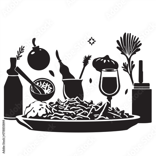 Isekai anime style illustration, classic black and white vector silhouette of Turkish food, elegant, expressive composition on a clean white background.