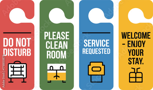 Four hotel door hanger signs with different messages and simple graphics for hospitality services