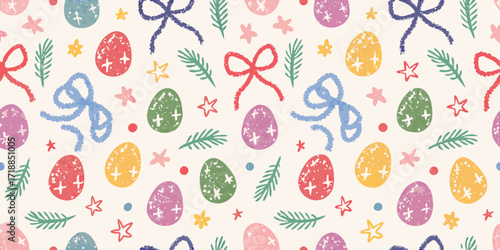 Whimsical hand drawn easter egg pattern with ribbons and pine sprigs