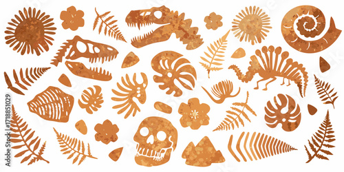 Collection of ancient fossils and prehistoric elements including dinosaur skeletons ammonites skulls and ferns in a rustic orange texture
