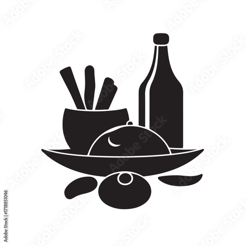 Modern flat design vector silhouette of Turkish food on a white background, timeless, elegant, simple, two-dimensional shapes, classic black and white 