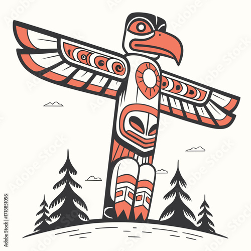 Traditional indigenous totem pole carving depicting an eagle with stylized wings and geometric patterns set against a minimalist landscape with pine trees and clouds