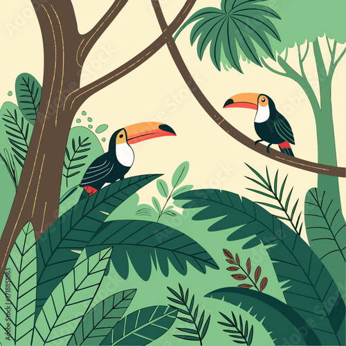 Two colorful toucans perched amidst lush green tropical foliage and trees in a vibrant jungle environment with a light yellow background