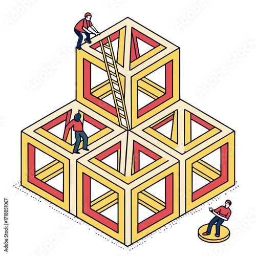 Three construction workers collaborate to build a complex geometric structure of interconnected cubes using a ladder and teamwork for success