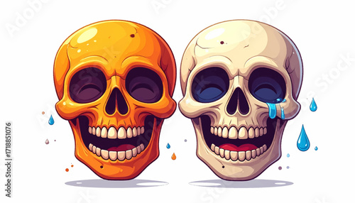 Two cheerful cartoon skulls burst into uproarious laughter, their vibrant expressions of pure joy highlighted by one shedding tears of mirth on a stark white background