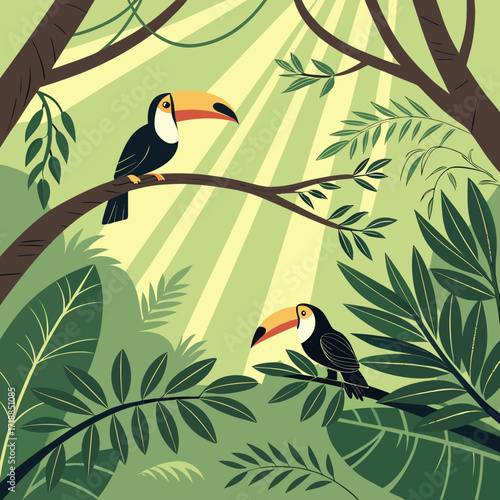 Two colorful toucans perched on branches amidst lush green jungle foliage with sunbeams filtering through the canopy creating a serene and vibrant tropical atmosphere