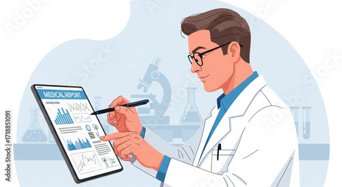 Doctor in lab coat reviewing a medical report on a tablet, using a stylus. Microscope and beakers in the background.