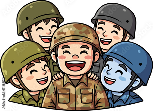 the joyful squad a cartoon of military camaraderie, isolated on transparent background