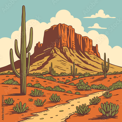 Vibrant desert landscape illustration featuring towering saguaro cacti and a majestic mesa under a cloudy blue sky with a winding dirt path