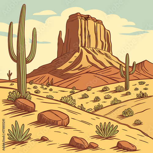Vibrant illustration of a classic american southwest desert landscape featuring iconic saguaro cacti towering rock formations and sparse desert brush under a pale blue sky with fluffy clouds