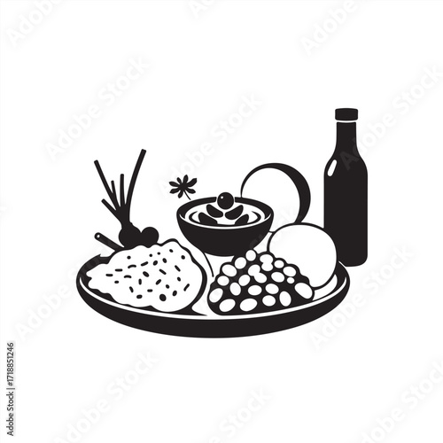 Modern flat design vector silhouette of Turkish food on a white background, timeless, elegant, simple, two-dimensional shapes, classic black and white 