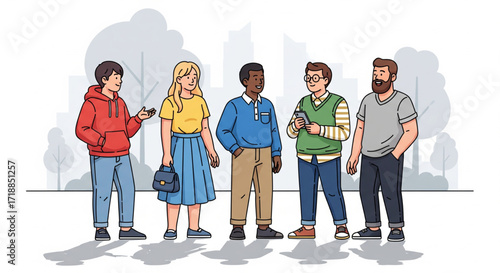 Diverse group of people standing outdoors, casually dressed, interacting.